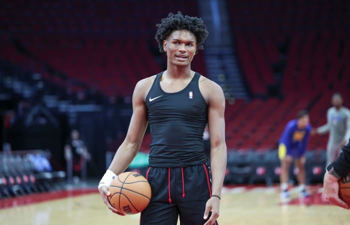 Rockets forward Amen Thompson (1) on the court before the game against the Golden State Warriors at Toyota Center.
